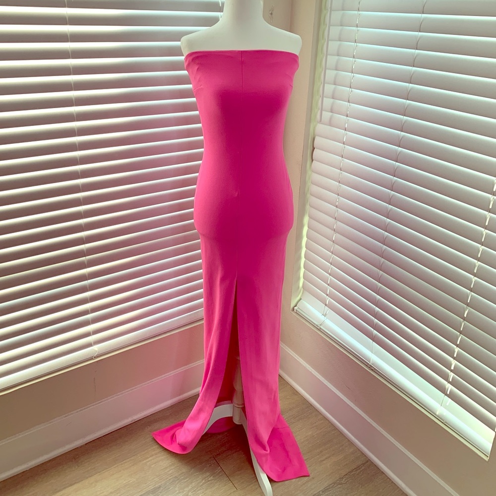Solace London pink strapless gown with front slit